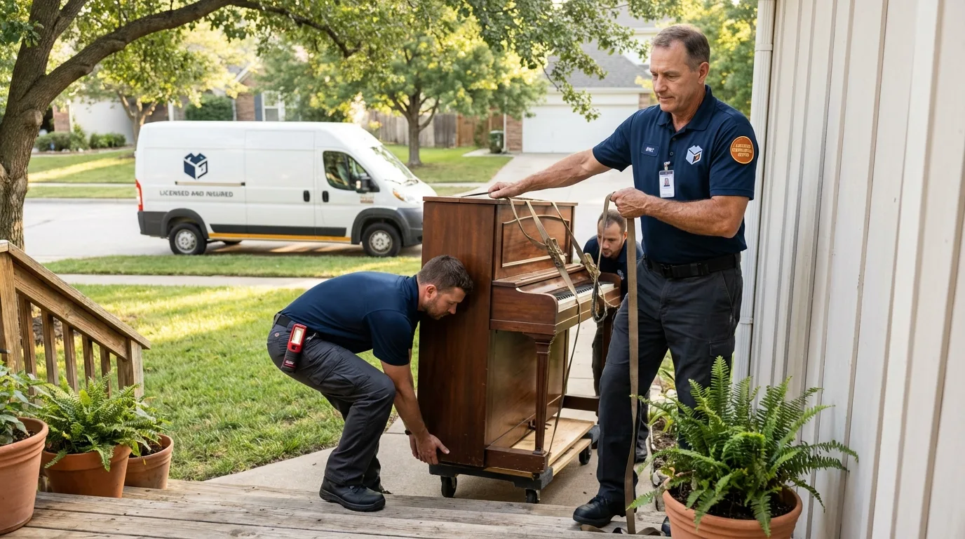 Licensed piano movers securing grand piano in Jericho, NY