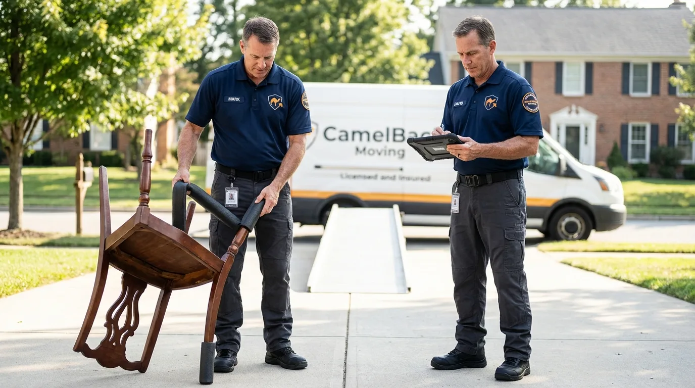 Movers inspecting furniture for damage prevention before loading in Jericho, NY