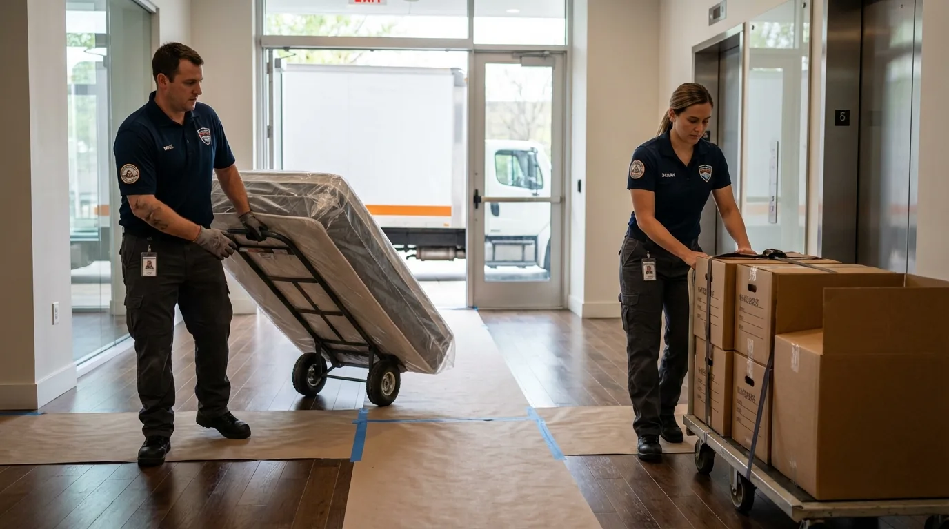 Professional apartment movers loading elevator in Jericho, NY