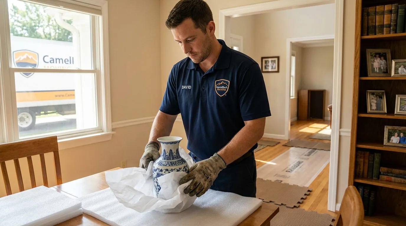 Professional crew carefully wrapping antique vase for senior downsizing move in Jericho, NY